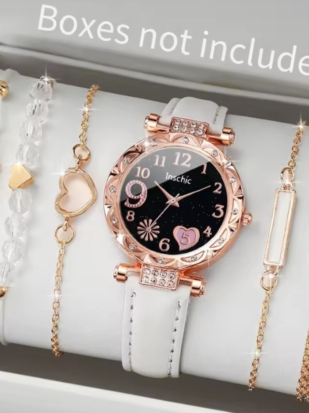 chic Rose Gold Women's Watch with Black Dial and White Strap
